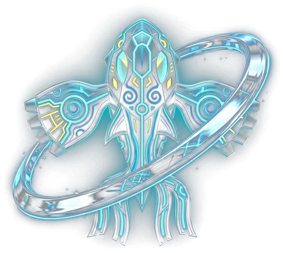 PrimalCom emblem: a neon cyan creature orbited by a silver ring