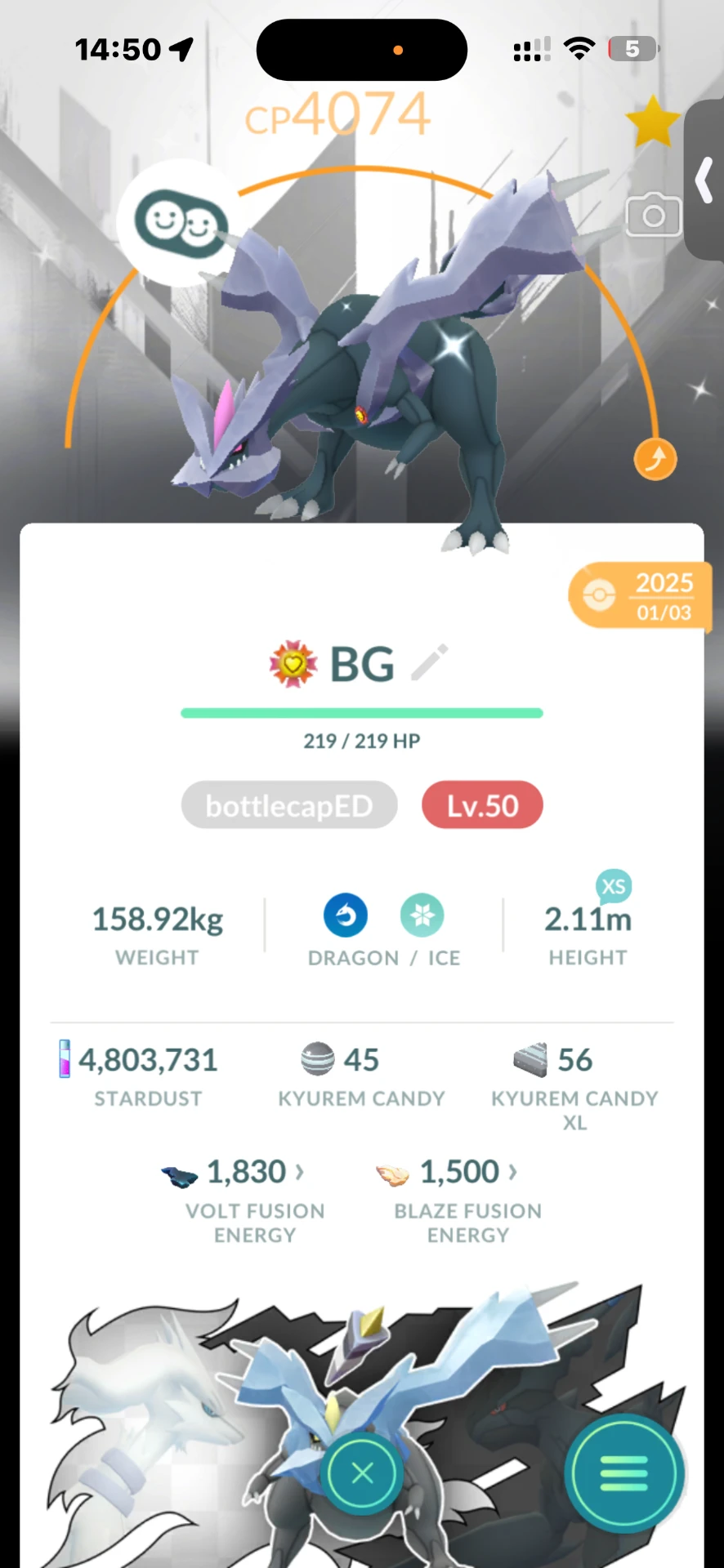 Shiny Kyurem — bottlecapped Lv.50 — Pokémon GO listing