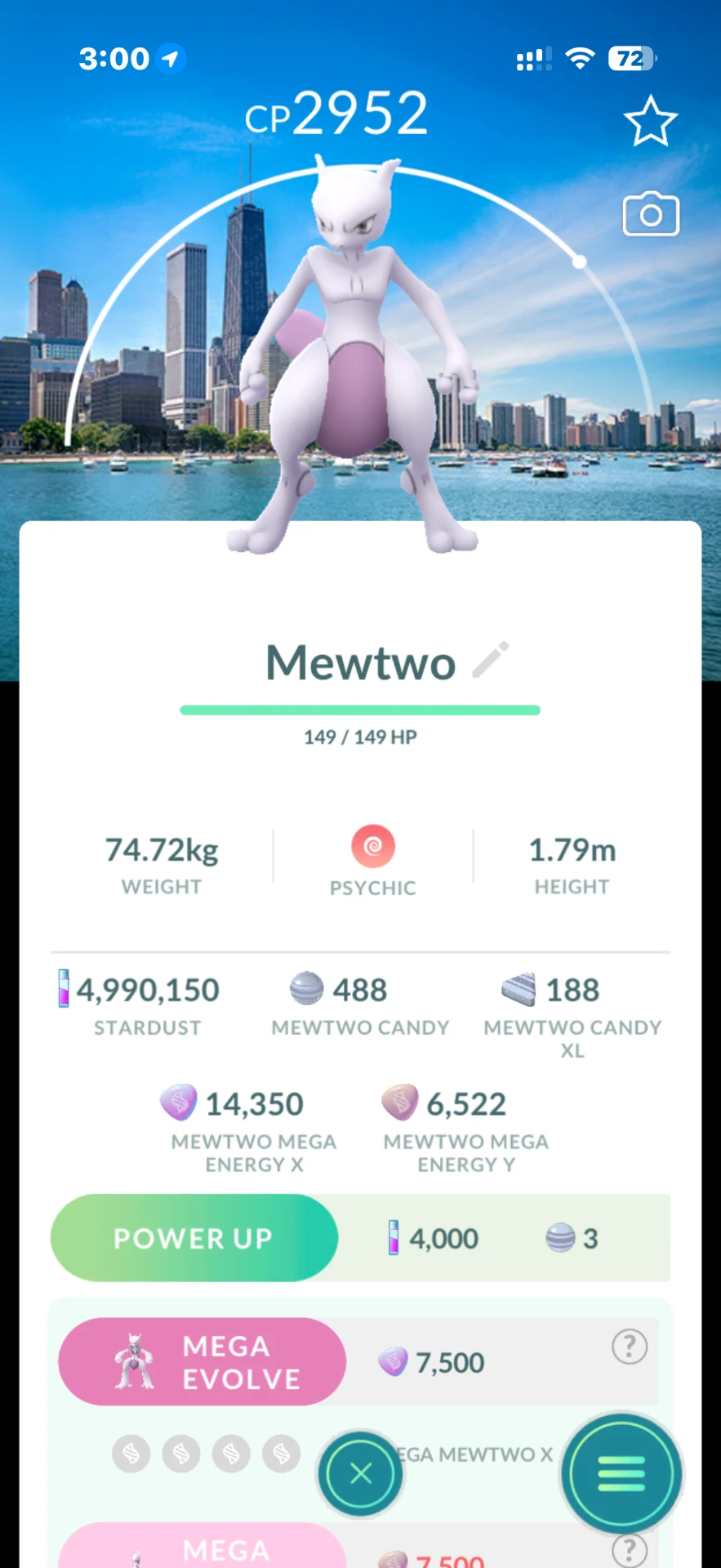 Mewtwo — Chicago background — Pokémon GO listing
