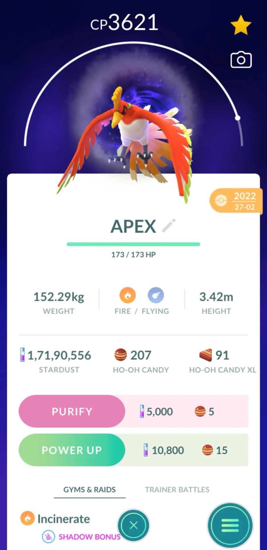APEX Shadow Ho-Oh — Pokémon GO listing