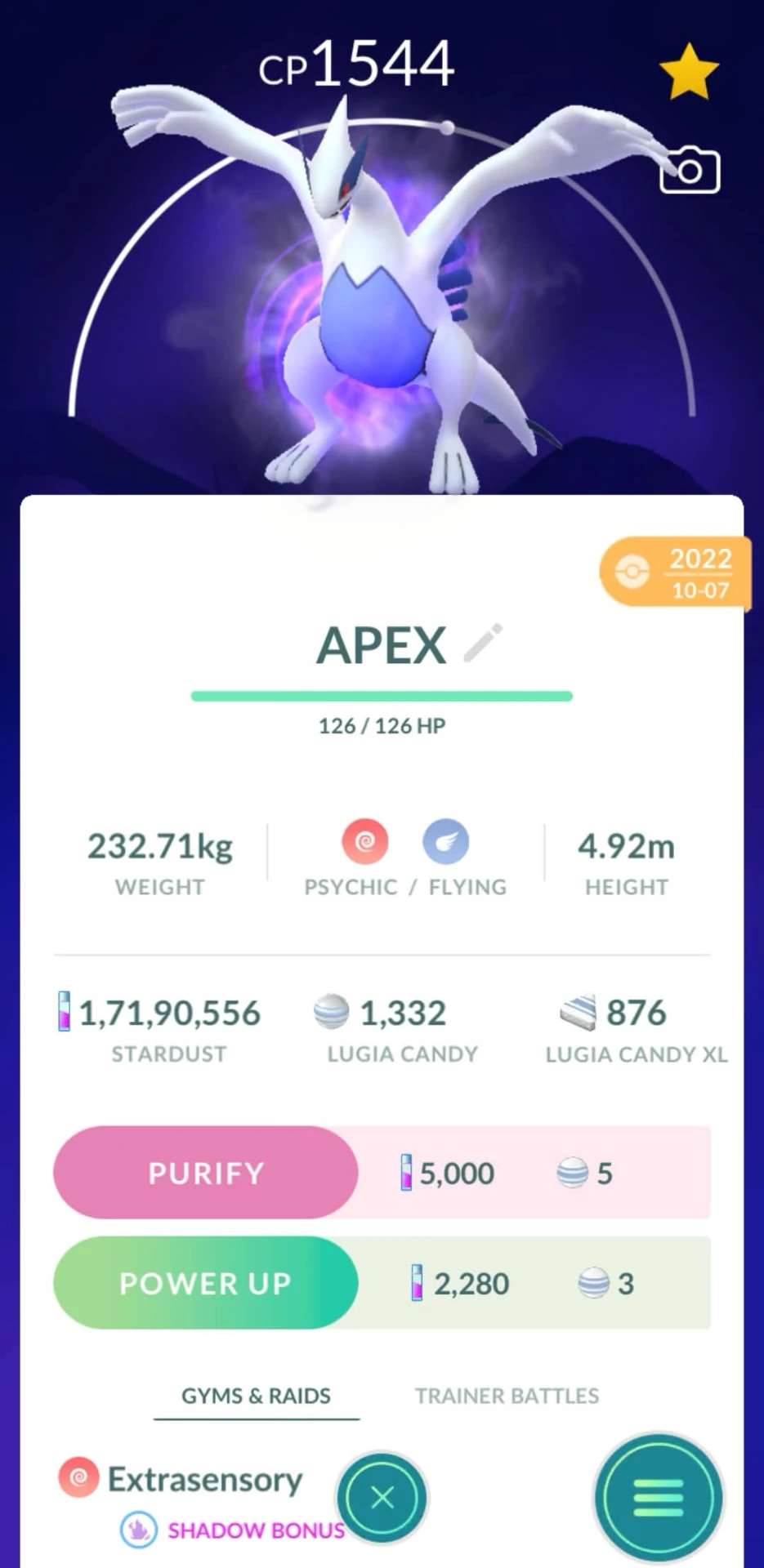 APEX Shadow Lugia — Pokémon GO listing